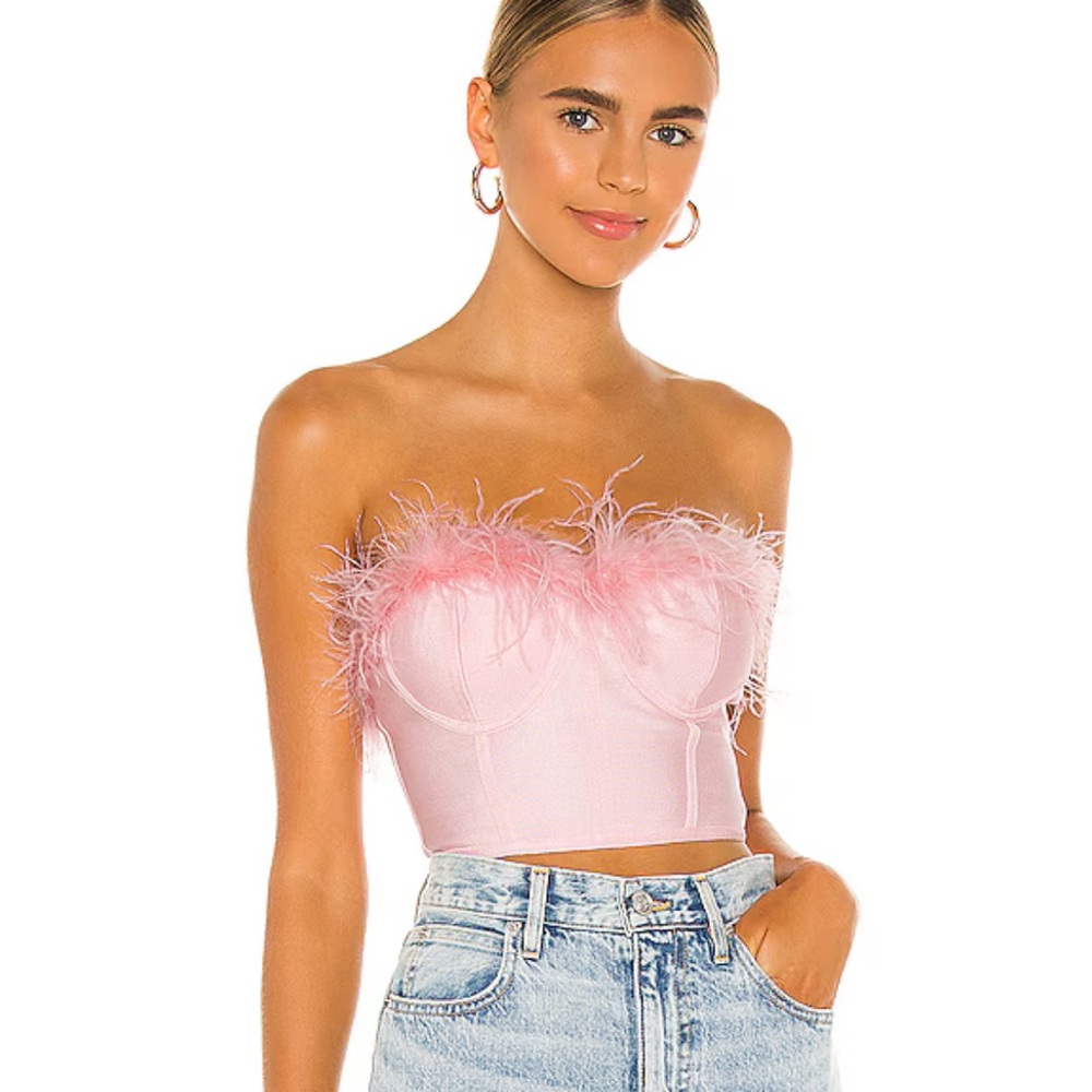 Superdown Pink Feathered Bustier Top